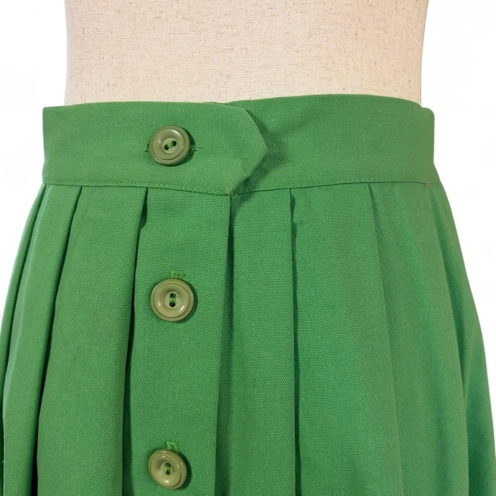 Vintage 70s Green Button Front Pleated Midi Skirt